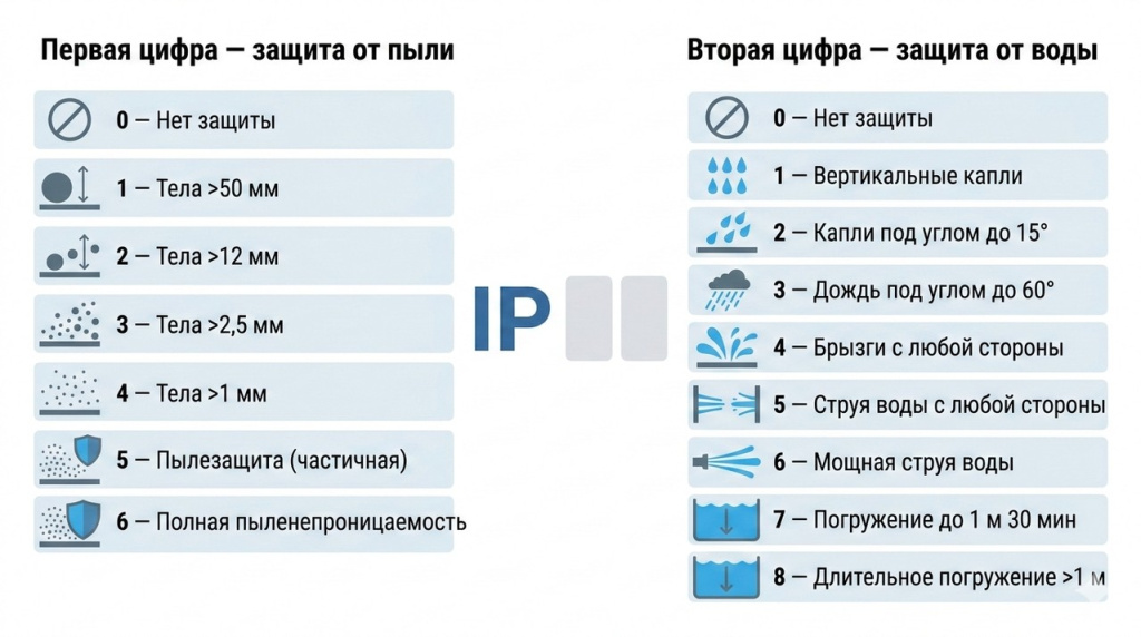 Инфографика расшифровки степени защиты IP — первая и вторая цифра