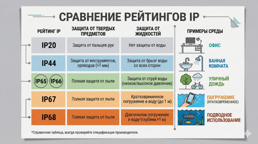 Сравнительная таблица степеней защиты IP20–IP68 по условиям применения