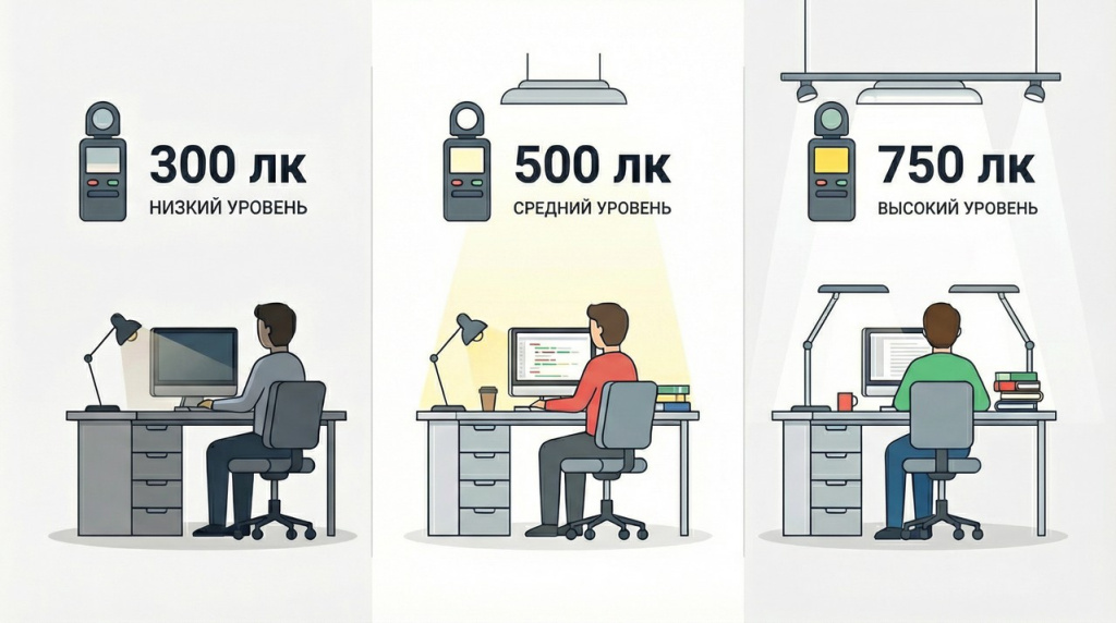 Инфографика: уровни освещённости рабочего места в офисе по нормам СанПиН