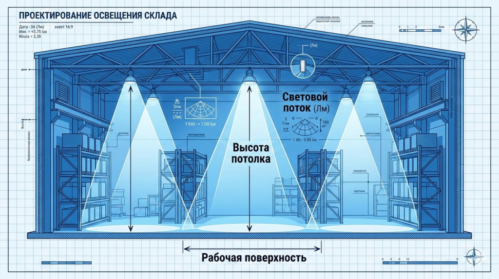 Инфографика расчёта светового потока и размещения светильников на складе
