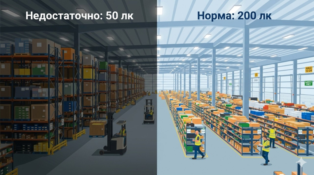Сравнение недостаточной и нормативной освещённости на складе