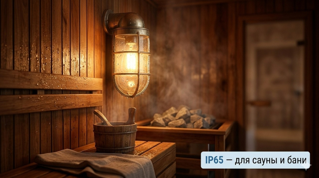 Влагозащищённый светильник IP65 в сауне