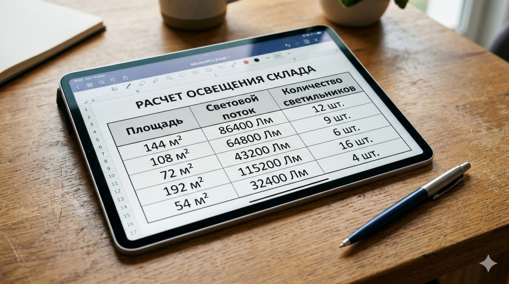 Таблица расчёта количества светильников для склада