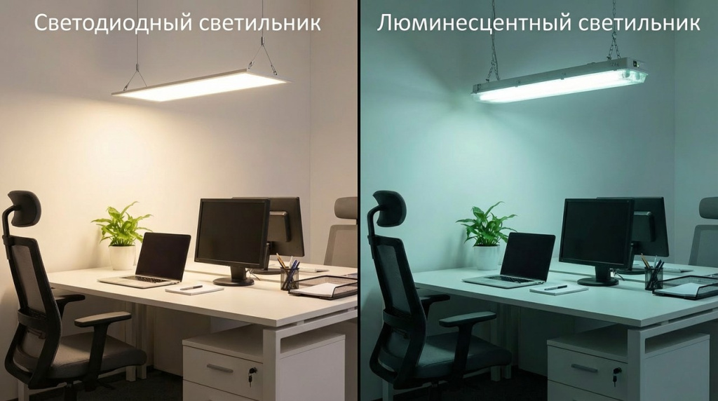 Сравнение светодиодного и люминесцентного освещения на рабочем месте в офисе