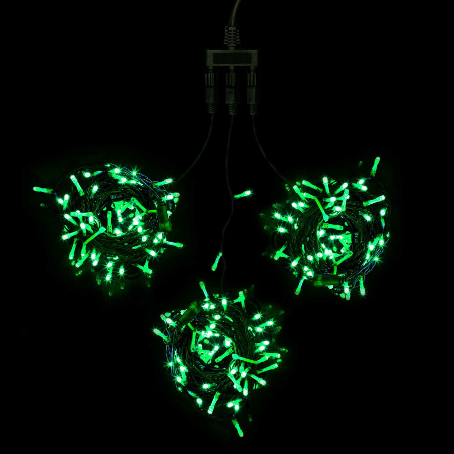 Комплект 3 Зеленых Нити по 20м, 600 LED, Провод Черный ПВХ, IP54