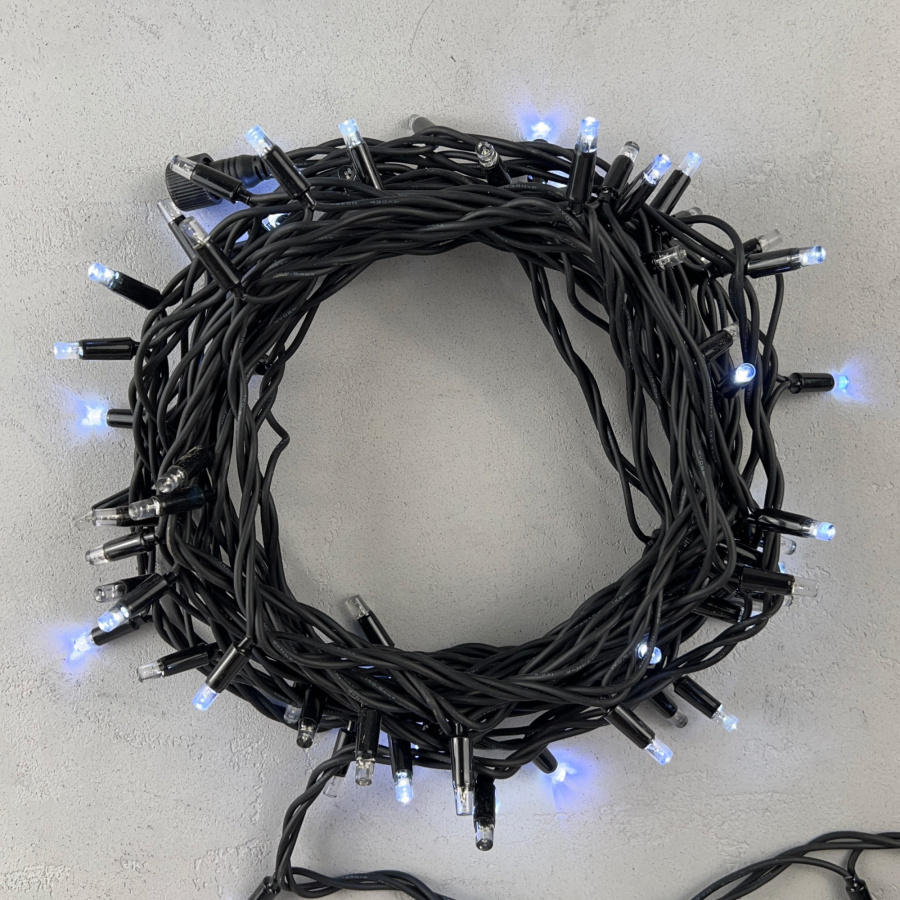 Гирлянда Нить 10м Белая с Мерцанием Каждого Диода 220В, 100 LED, Провод Черный Каучук, IP65