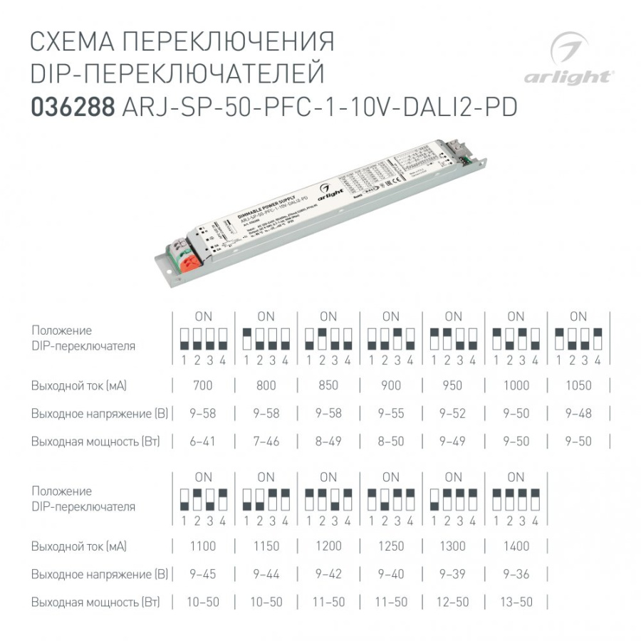 Блок питания ARJ-SP-50-PFC-1-10V-DALI2-PD (50W, 9-58V, 0.7-1.4A) (Arlight, IP20 Металл, 5 лет)
