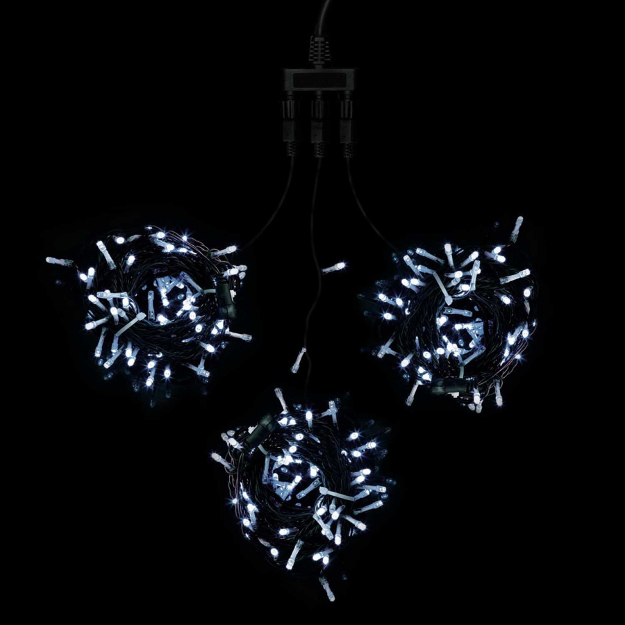 Комплект 3 Белых Нити с Мерцанием Белого Диода по 20м, 600 LED, Провод Черный ПВХ, IP54