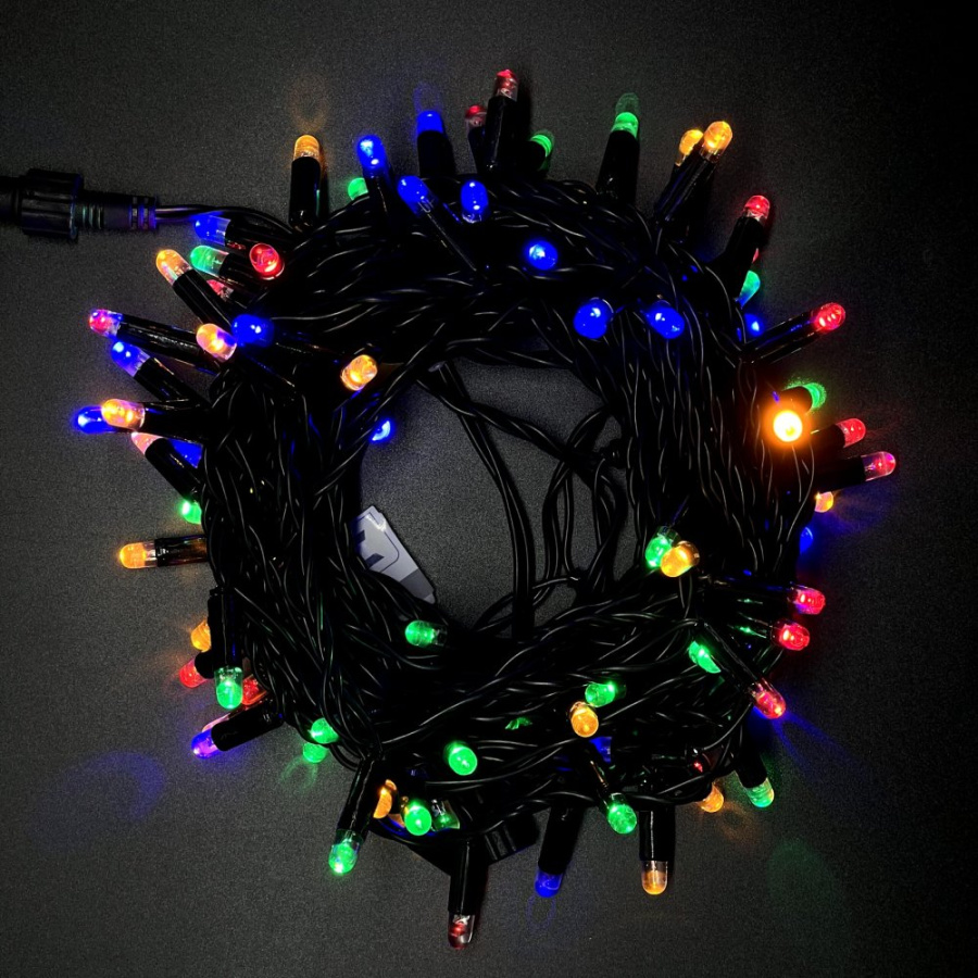Гирлянда Нить с Колпачком 10м Разноцветная 24В, 100 LED, Провод Черный ПВХ, IP65