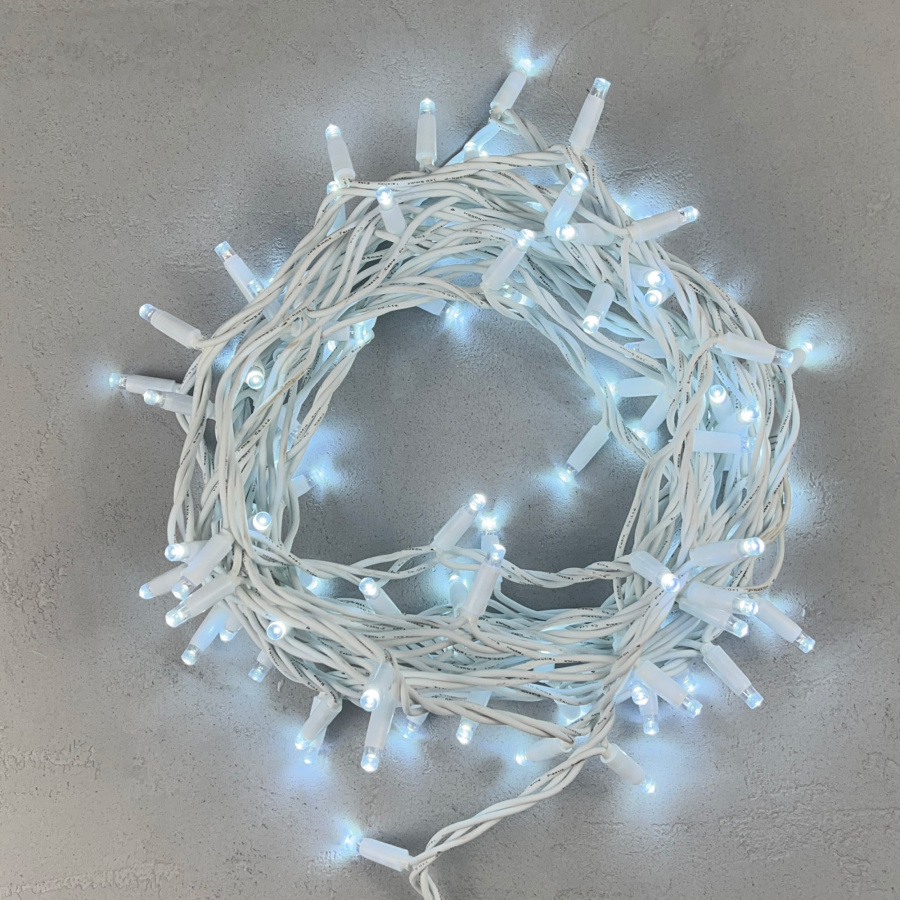 Гирлянда Нить 10м Белая 220В, 100 LED, Провод Белый Каучук, IP65