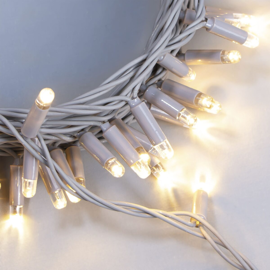 Гирлянда Нить 10м Тепло-Белая 24В, 100 LED, Провод Серая Резина 2,3мм, IP65