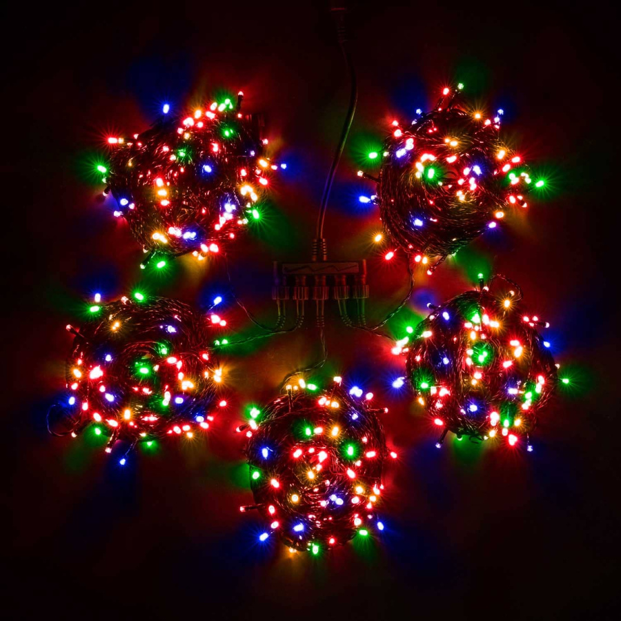 Комплект 5 Разноцветных Нитей по 20м, 1000 LED, Провод Черный ПВХ, IP54