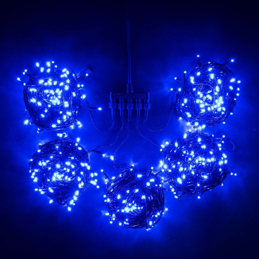 Комплект 5 Синих Нитей по 20м, 900 LED, Провод Черный Силикон, IP65