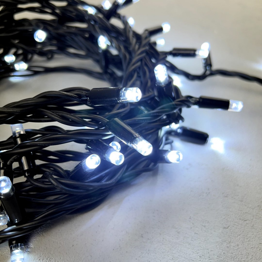 Гирлянда Нить 10м Белая 220В, 75 LED, Провод Черный Каучук, IP65