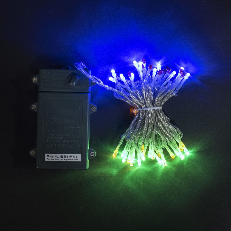 Гирлянда Нить на Батарейках с Таймером 5м Разноцветная, 50 LED, Провод Прозрачный Силикон, IP65