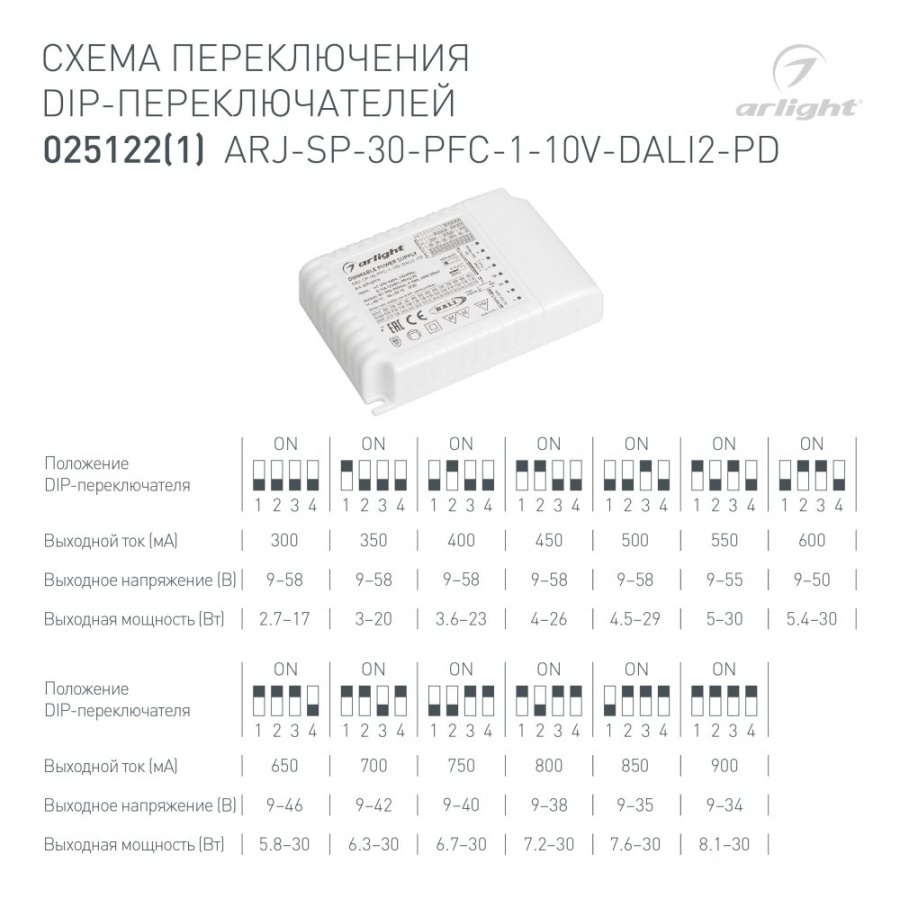 Блок питания ARJ-SP-30-PFC-1-10V-DALI2-PD (30W, 300-900mA) (Arlight, IP20 Пластик, 5 лет)