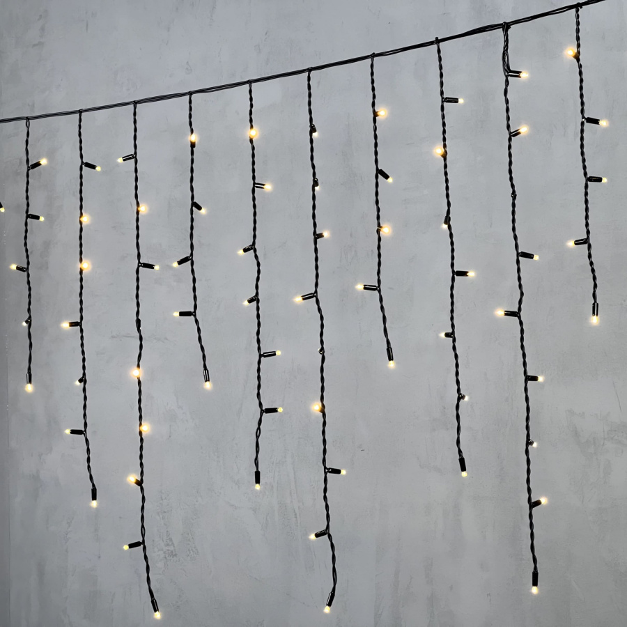 Гирлянда Бахрома 3,2 x 0,9 м Тепло-Белая 220В, 168 LED, Провод Черный Каучук, IP65