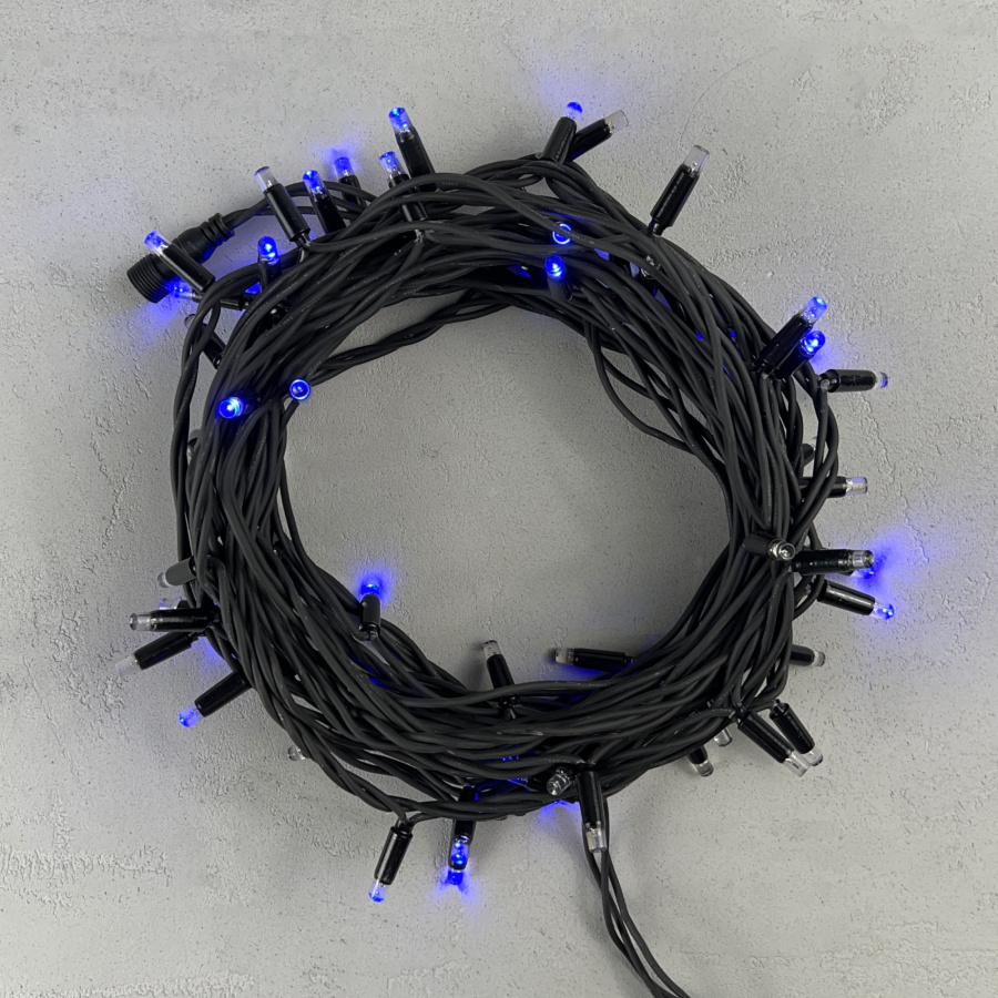 Гирлянда Нить 10м Синяя с Мерцанием Каждого Диода 220В, 75 LED, Провод Черный Каучук, IP65