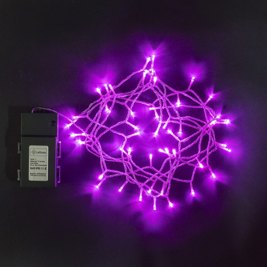 Гирлянда Нить на Батарейках с Таймером 5м Розовая, 50 LED, Провод Прозрачный Силикон, IP65