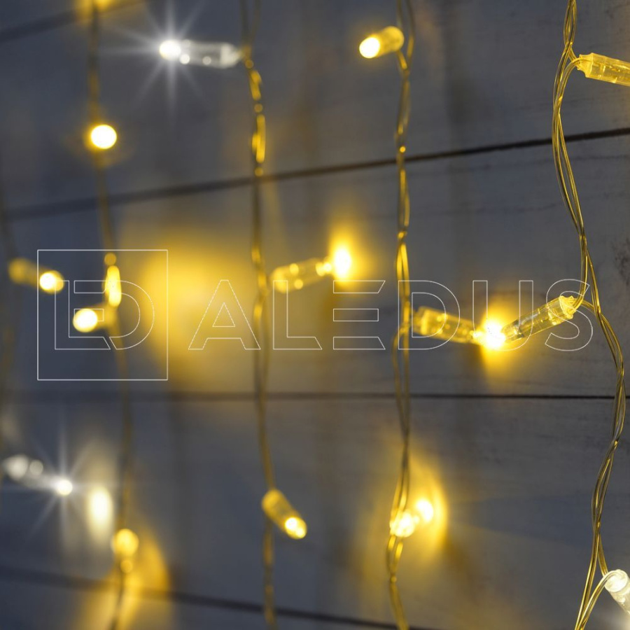 Бахрома (Айсикл) ALEDUS, 220 В, 3x0.9 м, IP65, прозрачный провод, теплый белый, с мерцанием, 144 светодиода