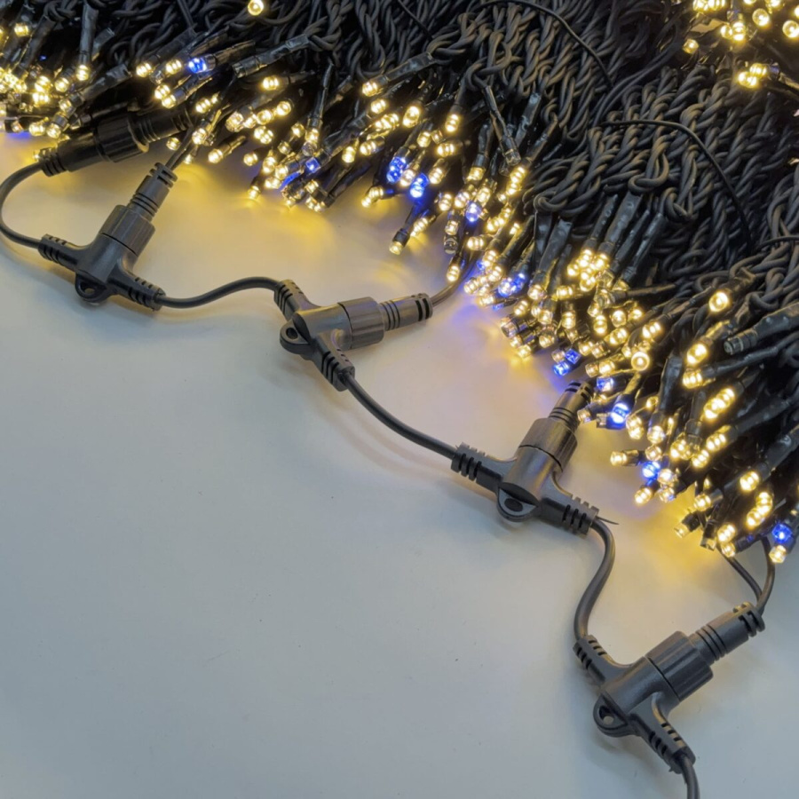 Комплект 5 Тепло-Белых Нитей по 20м с Мерцанием Белого Диода, 1000 LED, Провод Черный Каучук 2,3мм,