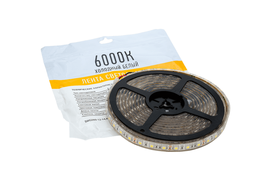 Лента светодиодная SWG SWG560, 14,4 Вт/м, 12В, IP68, холодный белый