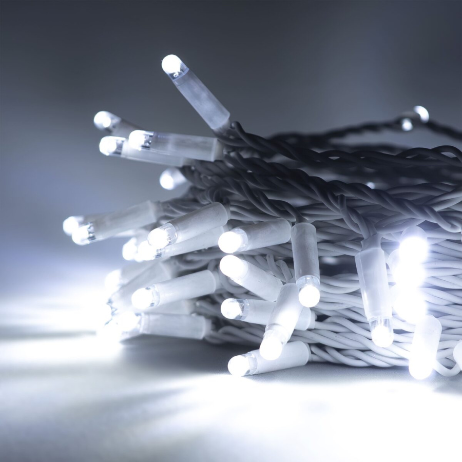 Гирлянда Нить 10м Белая 24В, 100 LED, Провод Белая Резина 2,3мм, IP65