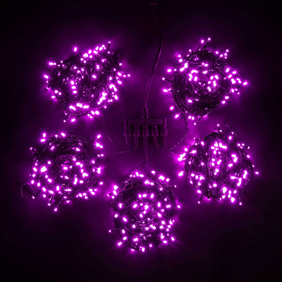 Комплект 5 Розовых Нитей по 20м, 1000 LED, Провод Черный ПВХ, IP54