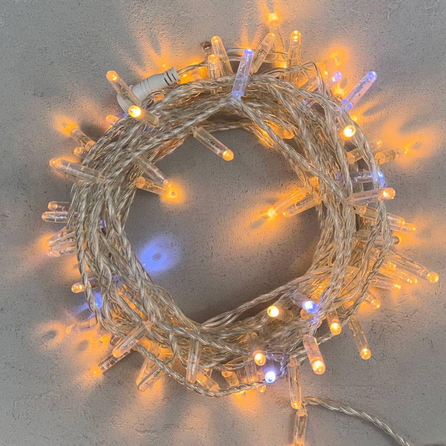 Гирлянда Нить с Колпачком 10м Экстра Тепло-Белая с Мерцанием Белого Диода 220В, 100 LED, Провод Прозрачный ПВХ, IP65