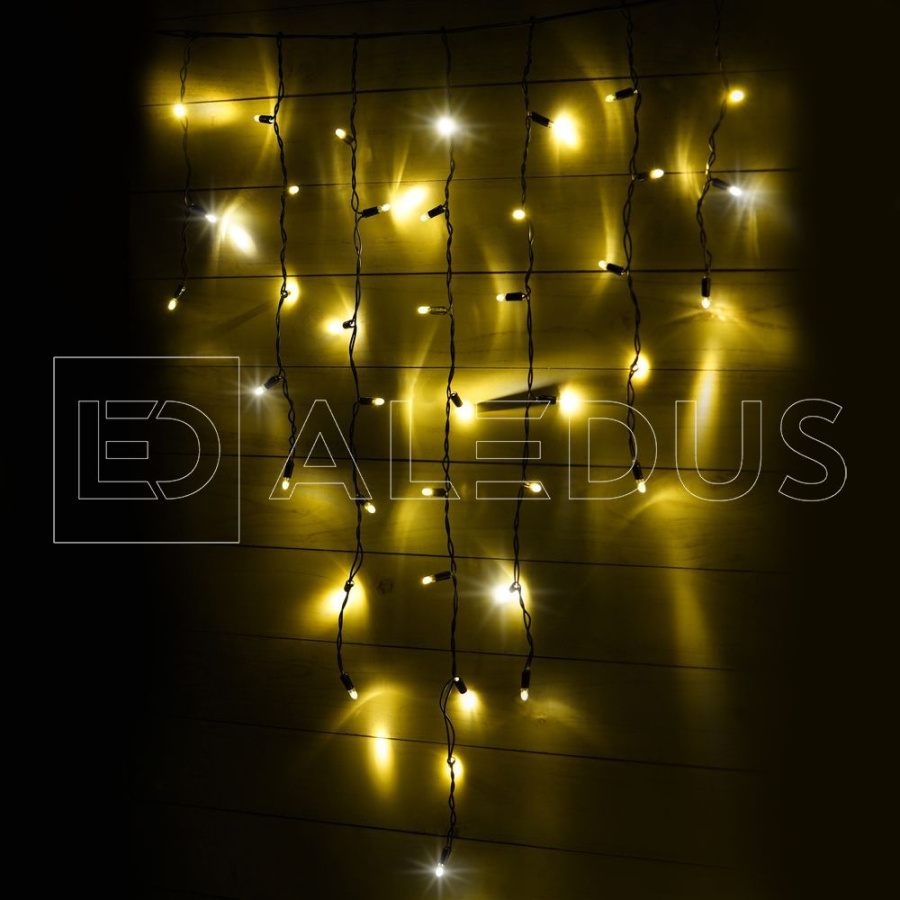 Бахрома (Айсикл) ALEDUS, 220 В, 3x0.9 м, IP65, черный провод, теплый белый, с мерцанием, 144 светодиода