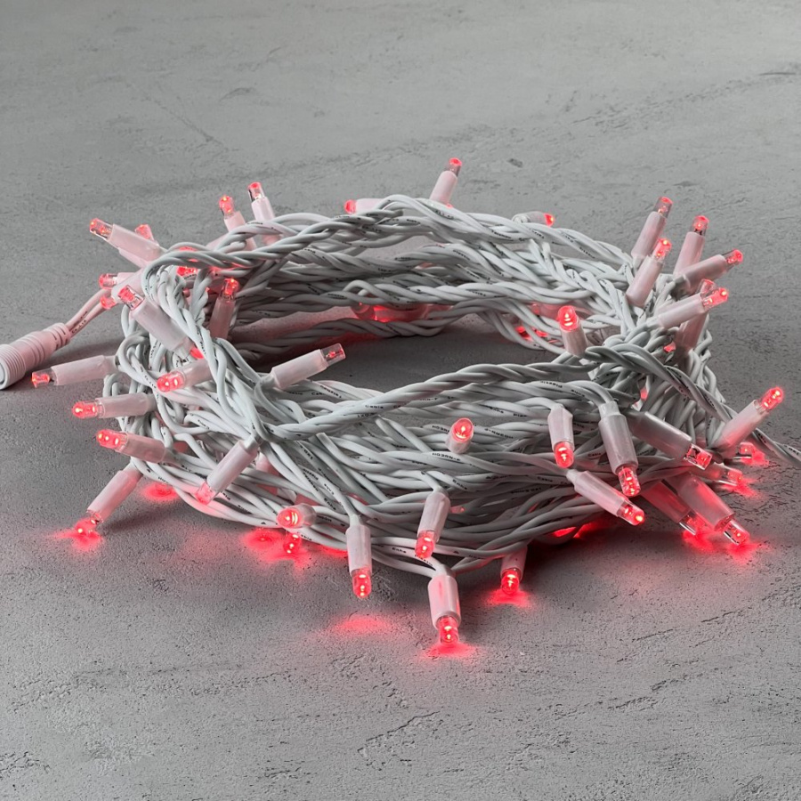 Гирлянда Нить 10м Красная 24В, 75 LED, Провод Белый Каучук, IP65