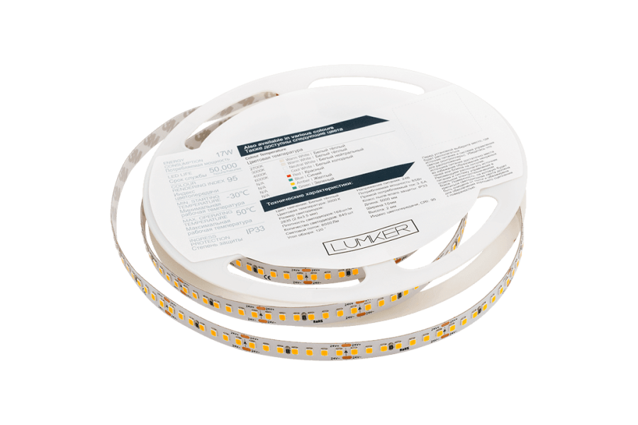 Лента светодиодная Lumker LK2H, 168 LED/м, 17 Вт/м, 24В, IP33, Теплый белый (3000K)
