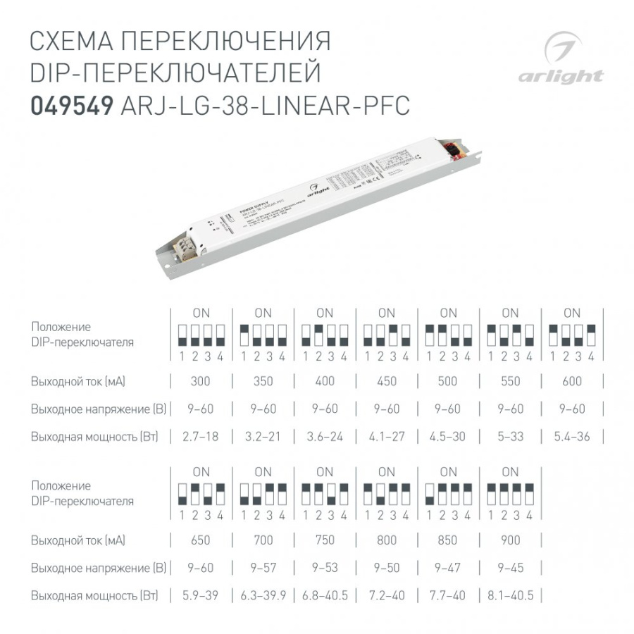 Блок питания ARJ-LG-38-LINEAR-PFC (38W, 9-60V, 0.3-0.9A) (Arlight, IP20 Металл, 5 лет)
