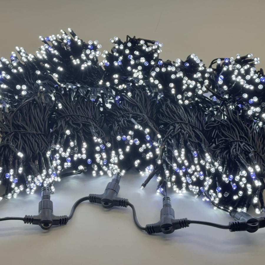 Комплект 5 Белых Нитей по 20м с Мерцанием Белого Диода, 1000 LED, Провод Черный Каучук 2,3мм, IP54