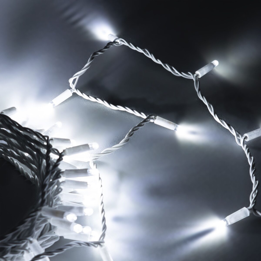 Гирлянда Нить 10м Белая 24В, 100 LED, Провод Белая Резина 2,3мм, IP65
