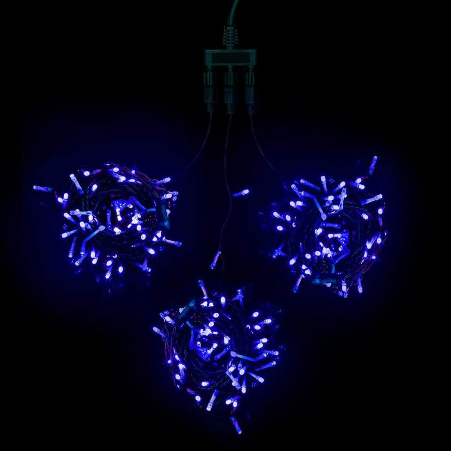 Комплект 3 Синих Нити с Мерцанием Белого Диода по 20м, 600 LED, Провод Черный ПВХ, IP54