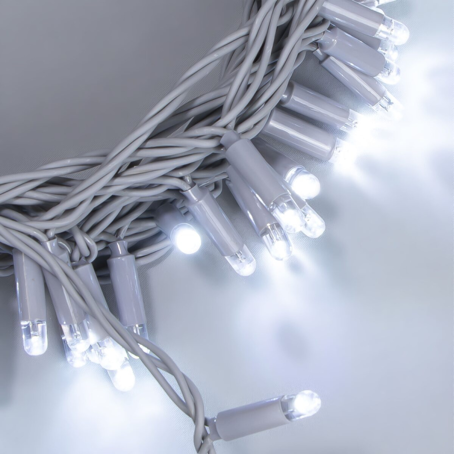 Гирлянда Нить 10м Белая 24В, 100 LED, Провод Серая Резина 2,3мм, IP65