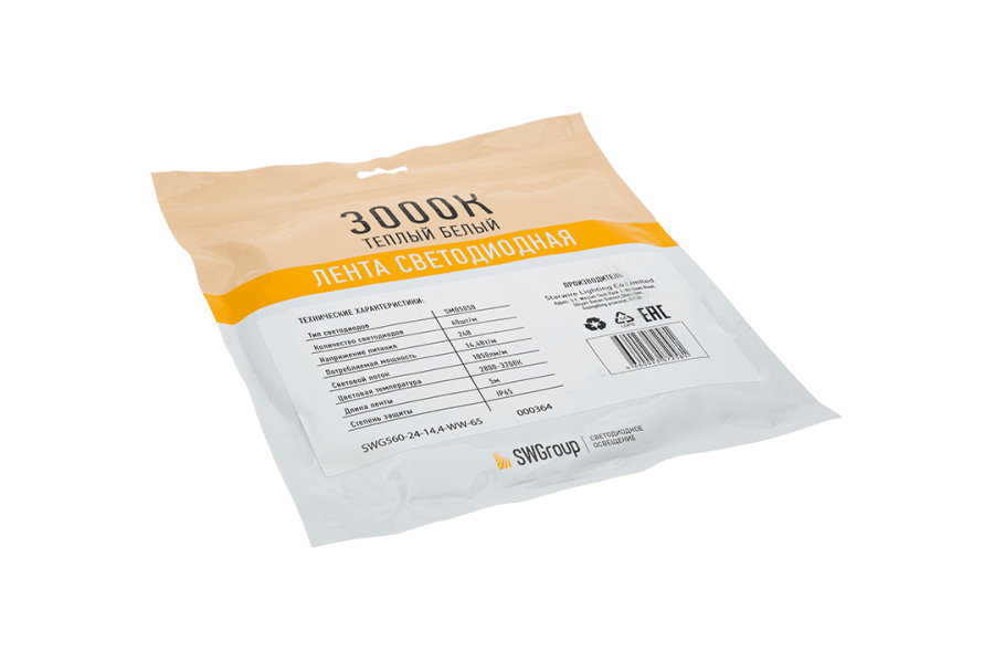 Лента светодиодная SWG SWG560, 14,4 Вт/м, 24В, IP65, теплый белый