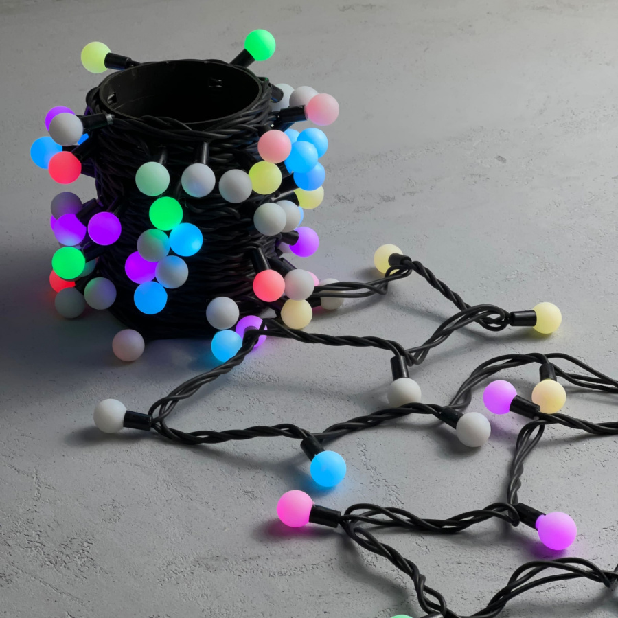 Гирлянда «Шарики» 10м RGB 220B, Диаметр Шарика 23мм, 100 LED, Провод Черный Каучук, IP65