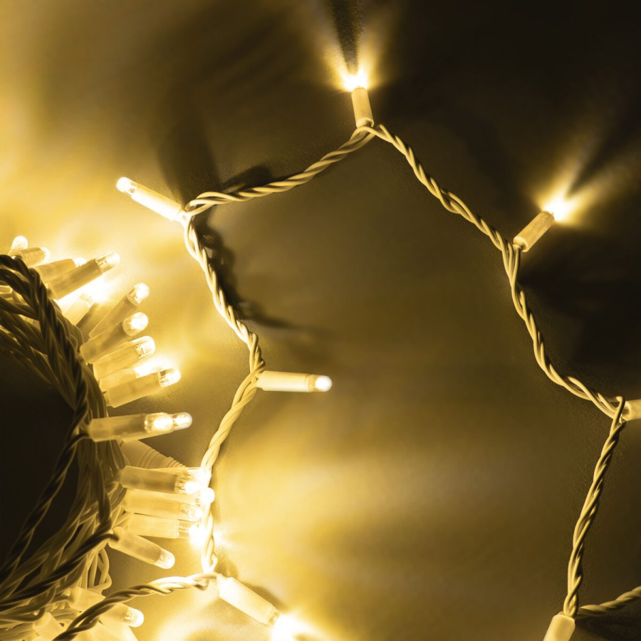 Гирлянда Нить 10м Тепло-Белая 24В, 100 LED, Провод Белая Резина 2,3мм, IP65