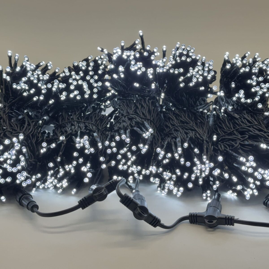 Комплект 5 Белых Нитей по 20м, 1000 LED, Провод Черный Каучук 2,3мм, IP54