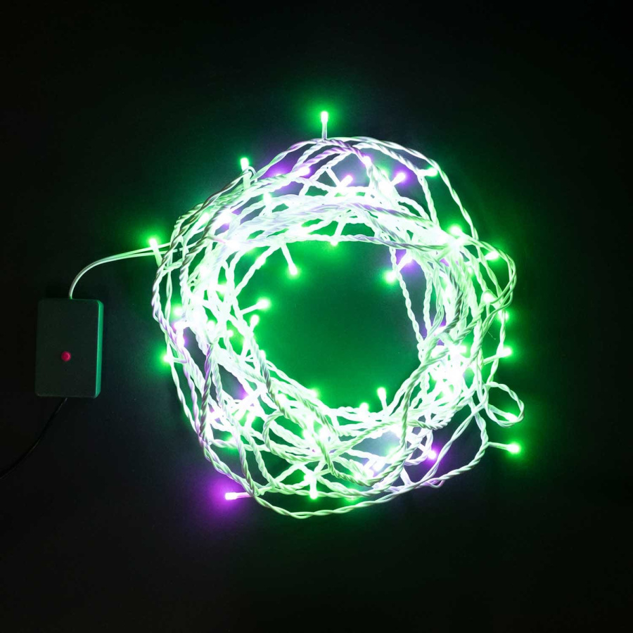Гирлянда Нить 10м Разноцветная 220В, 100 LED, Провод Белый Каучук, IP65