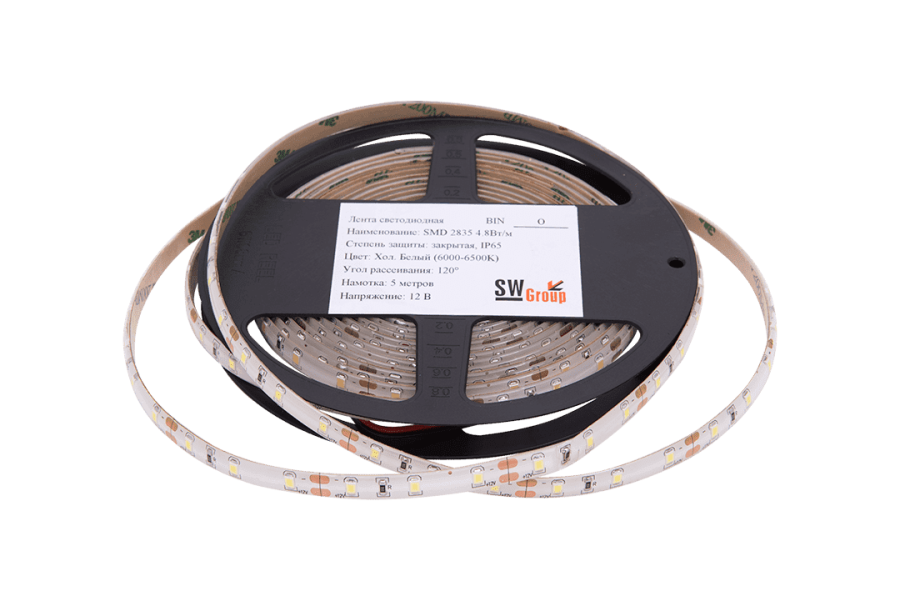 Лента светодиодная SWG SWG260, 4,8 Вт/м, 12В, IP65, холодный белый