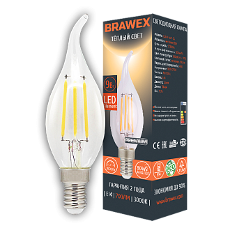 Светодиодная (LED) лампа BRAWEX ФИЛАМЕНТ 9Вт мягкий свет B35Q Е14