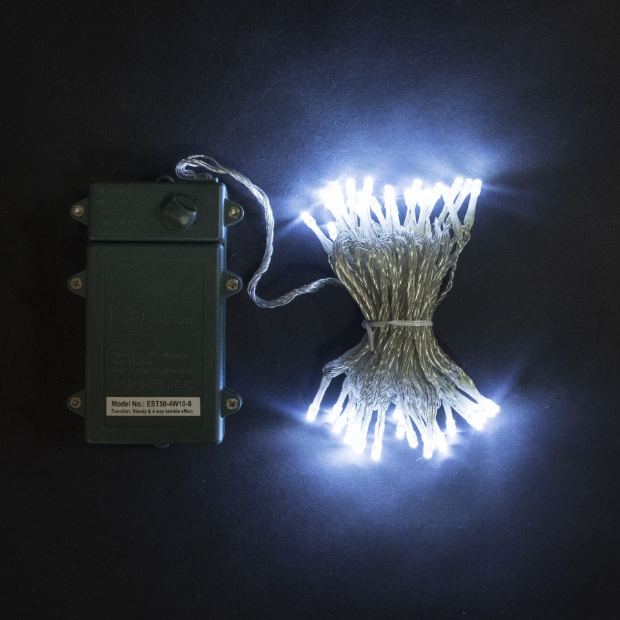 Гирлянда Нить на Батарейках с Таймером 10м Белая, 100 LED, Провод Прозрачный Силикон, IP65