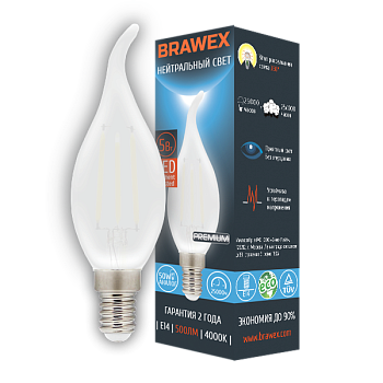 Светодиодная (LED) лампа BRAWEX ФИЛАМЕНТ (Frost) 5Вт яркий свет B35Q Е14