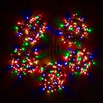 Комплект 5 Разноцветных Нитей по 20м, 900 LED, Провод Черный Силикон, IP65