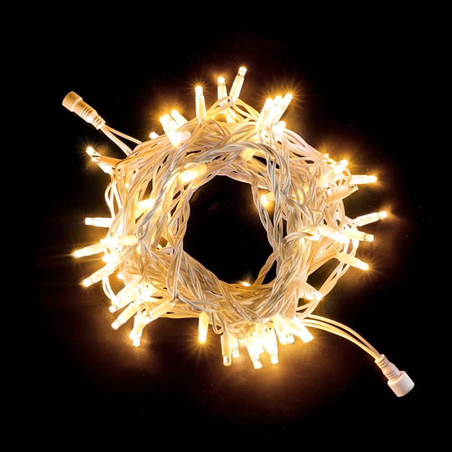 Гирлянда Нить 10м Тепло-Белая 24В, 100 LED, Провод Белый Каучук, IP65