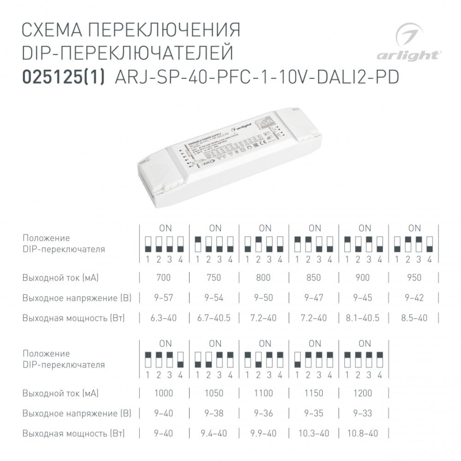 Блок питания ARJ-SP-40-PFC-1-10V-DALI2-PD (40W, 700-1200mA) (Arlight, IP20 Пластик, 5 лет)