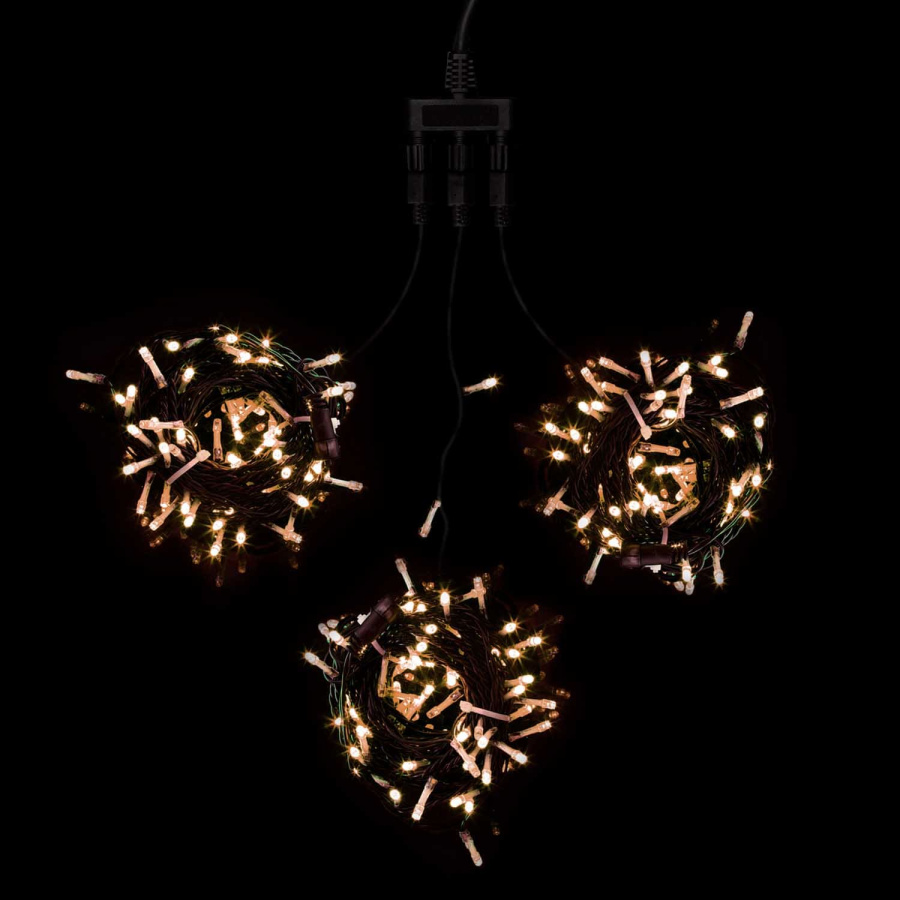 Комплект 3 Тепло-Белых Нити по 20м, 600 LED, Провод Черный ПВХ, IP54